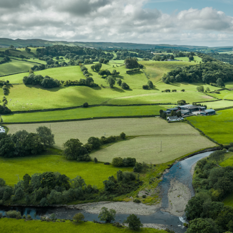 Lush green landscape with a winding river, representing sustainable nutrient recovery.